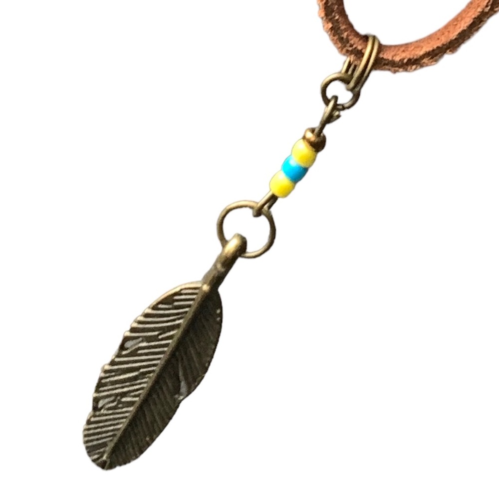 Two Strand Metal Feather & Leather Yellow Beaded Necklace Unisex Mens Women’s